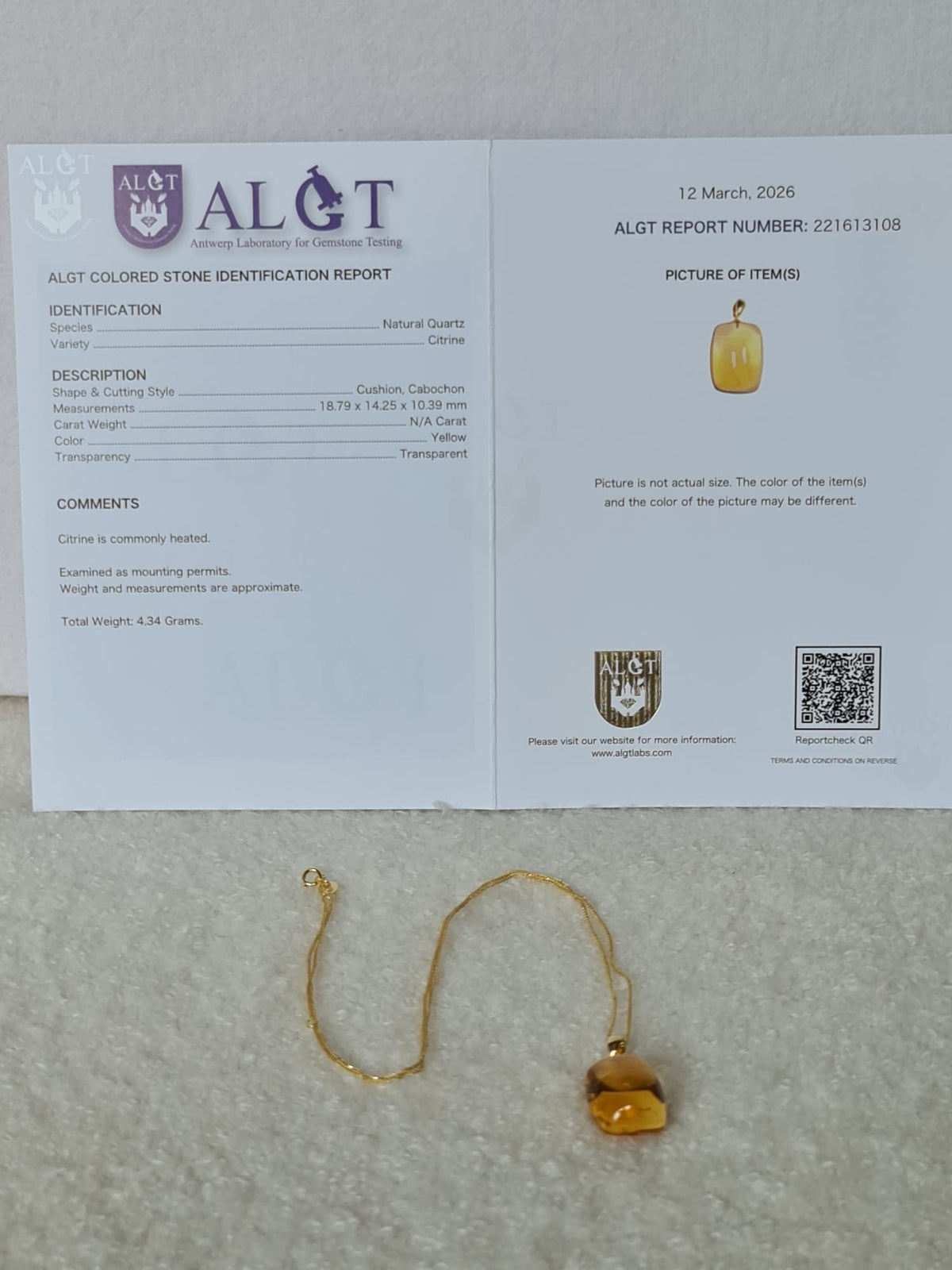 18k gold necklace with natural Citrine-certified