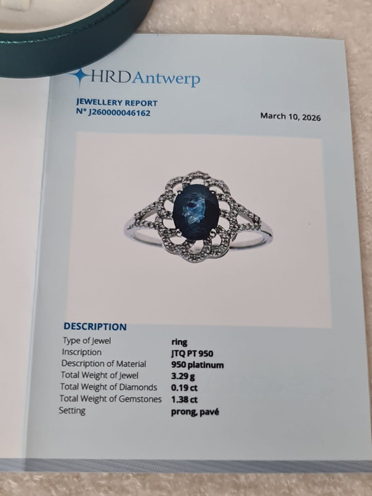 1.57ct natural sapphire with platinum ring-certified