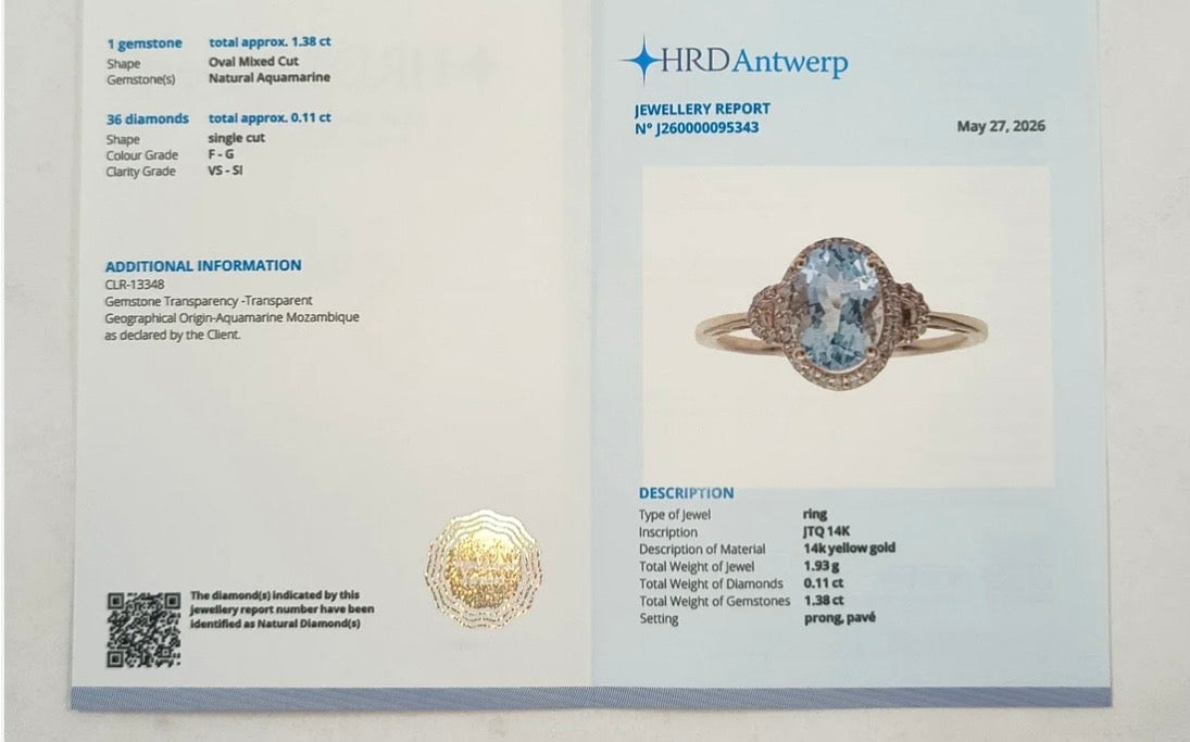 1.49 Ct Oval Mixed Cut
Natural Aquamarine 14K
Gold Ring-certified