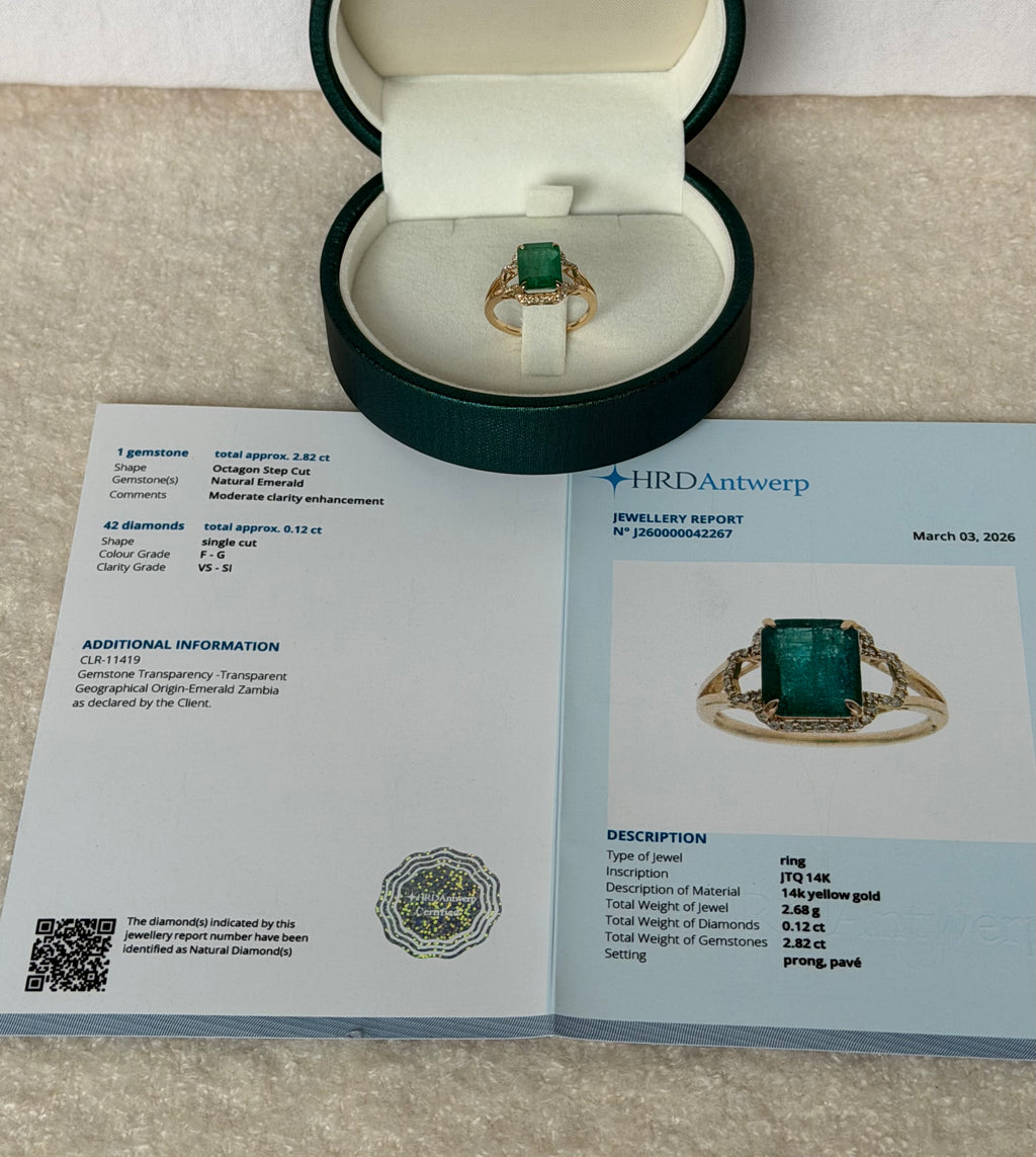 Gold ring with 2.94ct natural emerald and diamond-certified