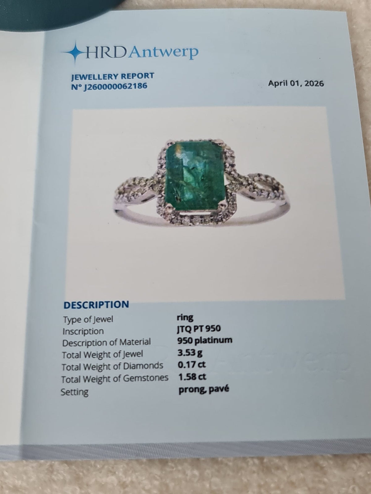 1.75 carat Natural Emerald 950 Platinum Ring with diamond-certified