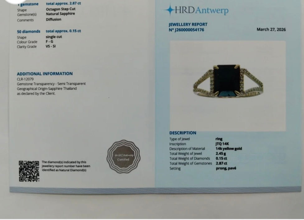 Gold ring with large natural sapphire and diamond-certified